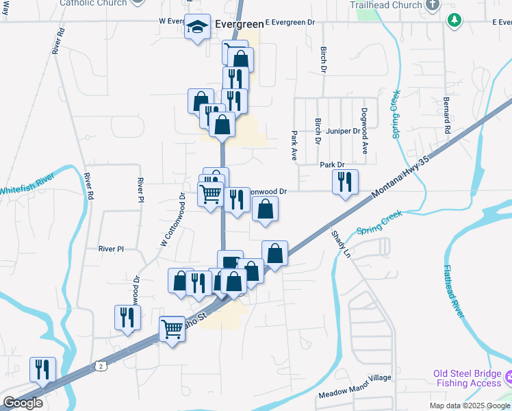 map of restaurants, bars, coffee shops, grocery stores, and more near 1441 Montana 35 in Kalispell