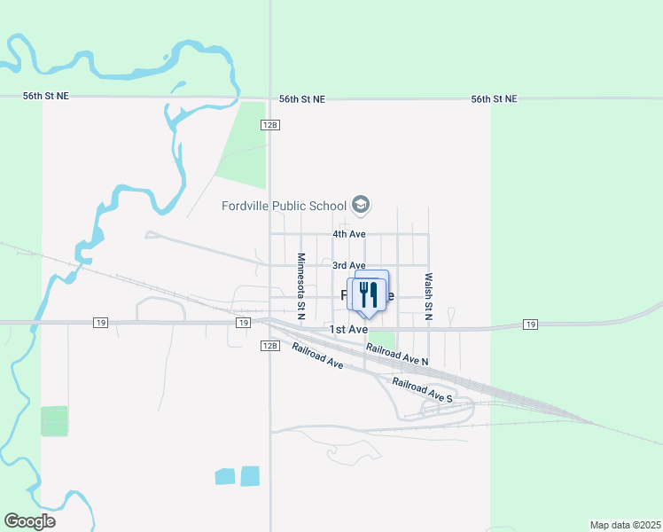 map of restaurants, bars, coffee shops, grocery stores, and more near 301-399 Dakota Street North in Fordville