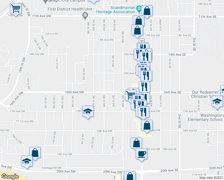 map of restaurants, bars, coffee shops, grocery stores, and more near 1531 6th Street Southwest in Minot