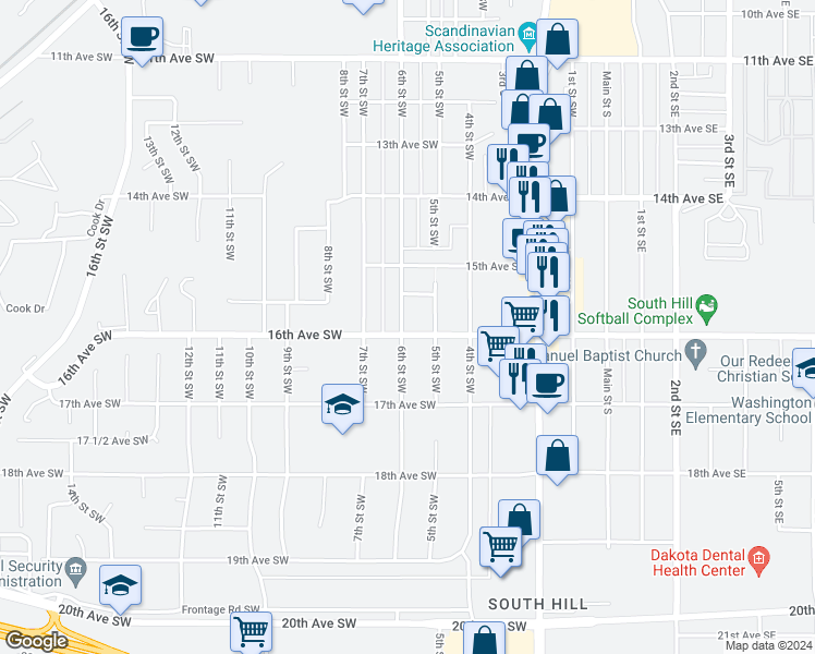 map of restaurants, bars, coffee shops, grocery stores, and more near 1531 6th Street Southwest in Minot