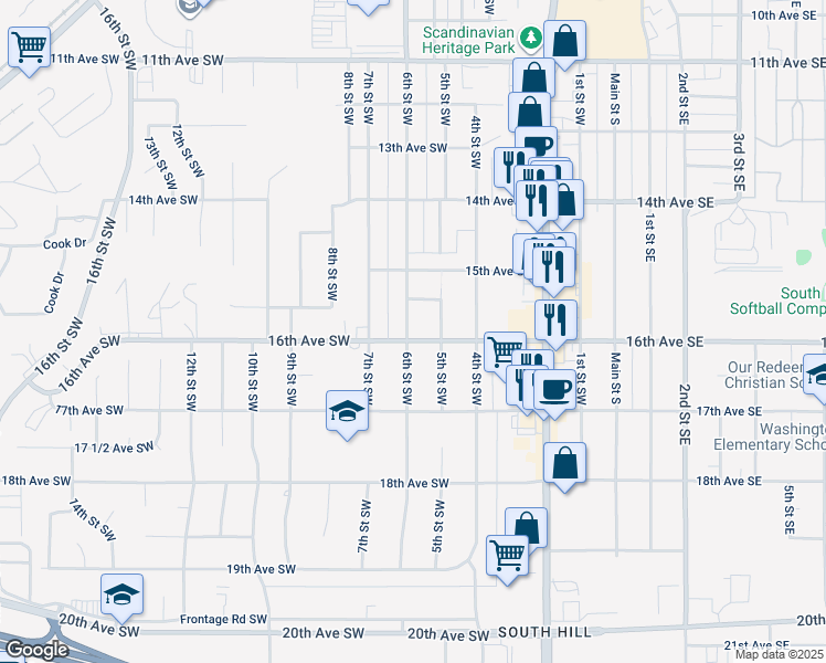 map of restaurants, bars, coffee shops, grocery stores, and more near 1531 6th Street Southwest in Minot