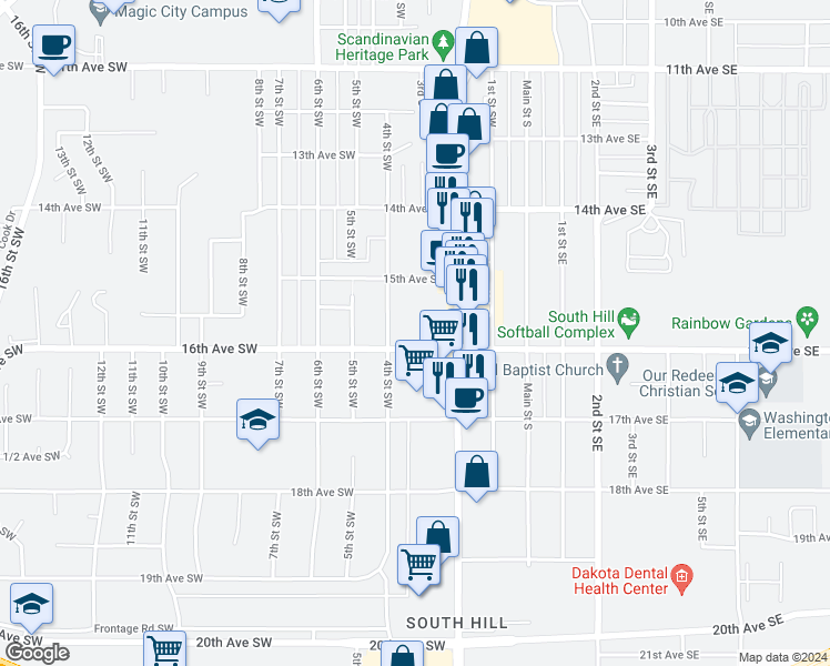 map of restaurants, bars, coffee shops, grocery stores, and more near 1531 4th Street Southwest in Minot