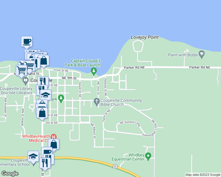 map of restaurants, bars, coffee shops, grocery stores, and more near 619 Perkins Road in Coupeville