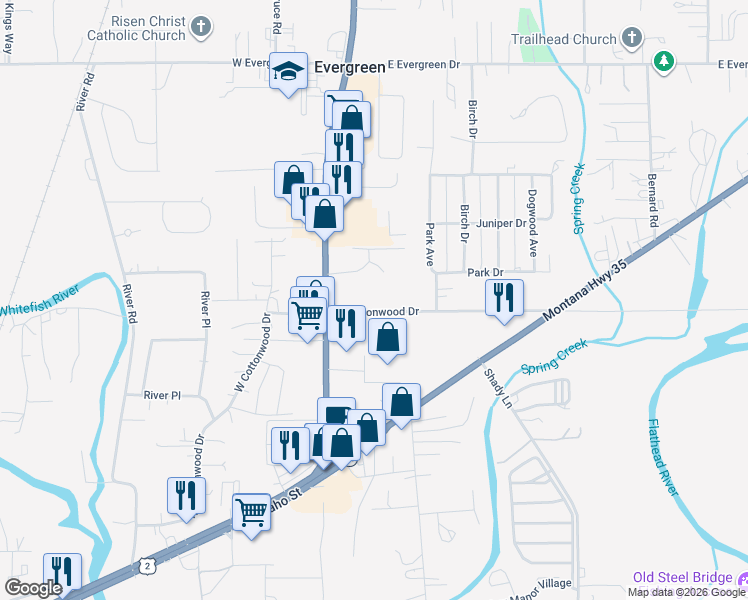 map of restaurants, bars, coffee shops, grocery stores, and more near 123 East Cottonwood Drive in Kalispell