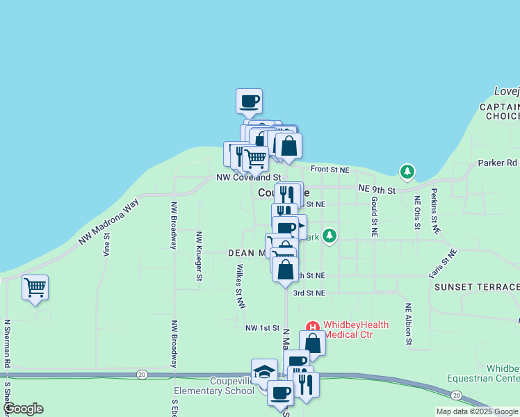 map of restaurants, bars, coffee shops, grocery stores, and more near 709 Northwest Alexander Street in Coupeville