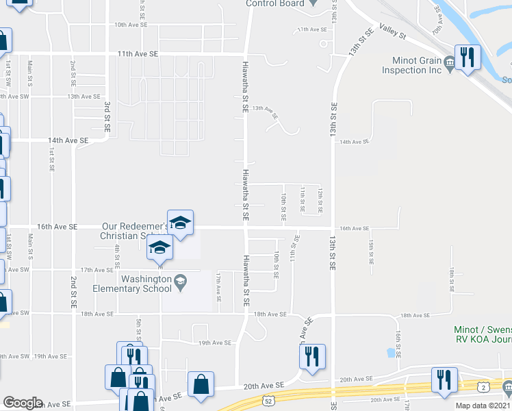 map of restaurants, bars, coffee shops, grocery stores, and more near 908 15 1/2 Avenue Southeast in Minot