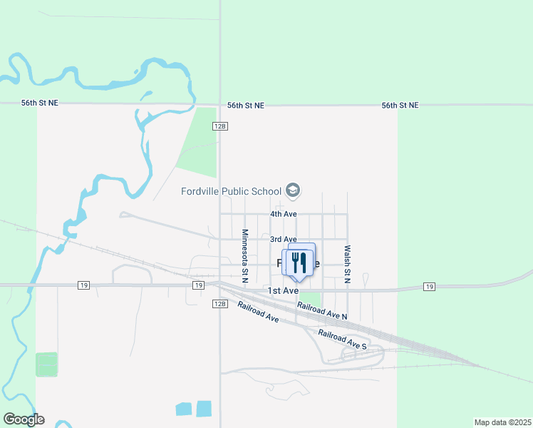 map of restaurants, bars, coffee shops, grocery stores, and more near 301 Dakota Street North in Fordville