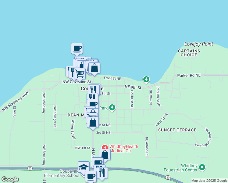 map of restaurants, bars, coffee shops, grocery stores, and more near 204 Northeast 8th Street in Coupeville