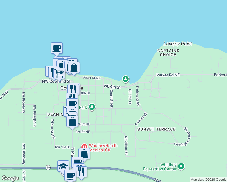 map of restaurants, bars, coffee shops, grocery stores, and more near 705 Gould Street Northeast in Coupeville
