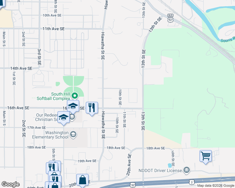map of restaurants, bars, coffee shops, grocery stores, and more near 91 15 1/2 Avenue Southeast in Minot