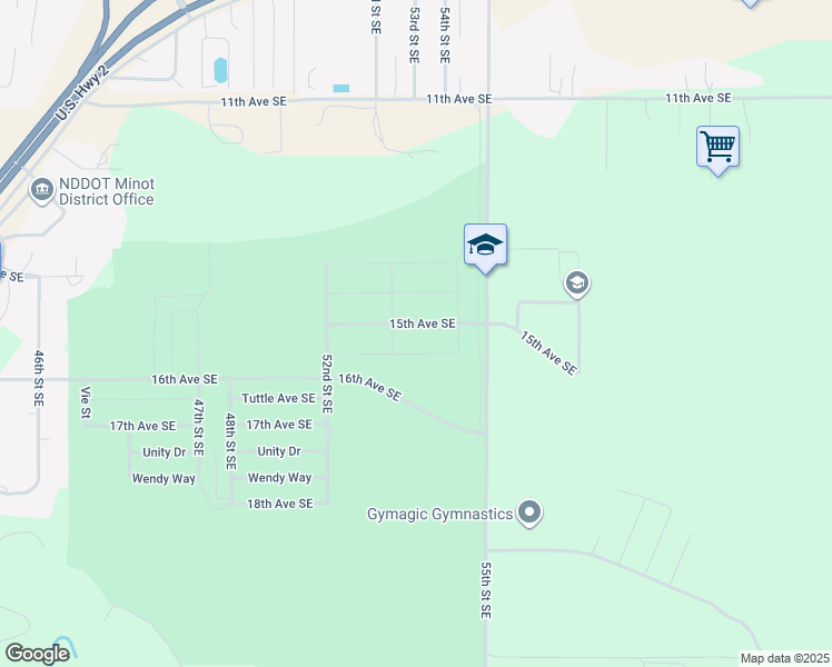 map of restaurants, bars, coffee shops, grocery stores, and more near 5304 15th Avenue Southeast in Minot