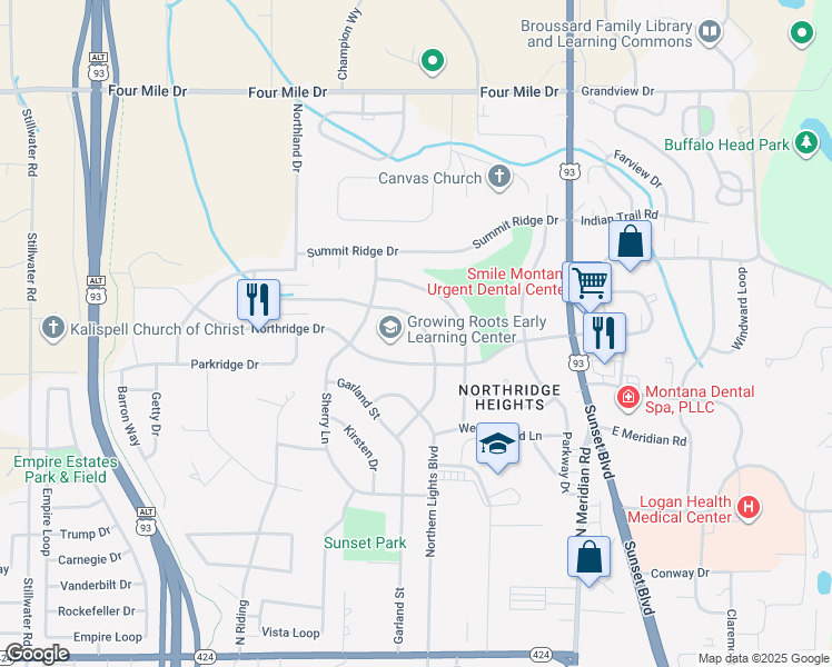 map of restaurants, bars, coffee shops, grocery stores, and more near 305 Northridge Dr in Kalispell