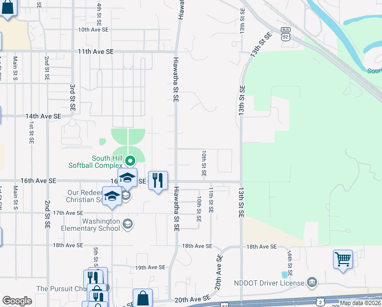map of restaurants, bars, coffee shops, grocery stores, and more near 913 15th Avenue Southeast in Minot