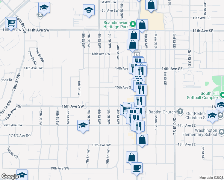 map of restaurants, bars, coffee shops, grocery stores, and more near 412 15th Avenue Southwest in Minot