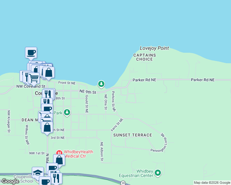 map of restaurants, bars, coffee shops, grocery stores, and more near 804 Northeast 9th Street in Coupeville