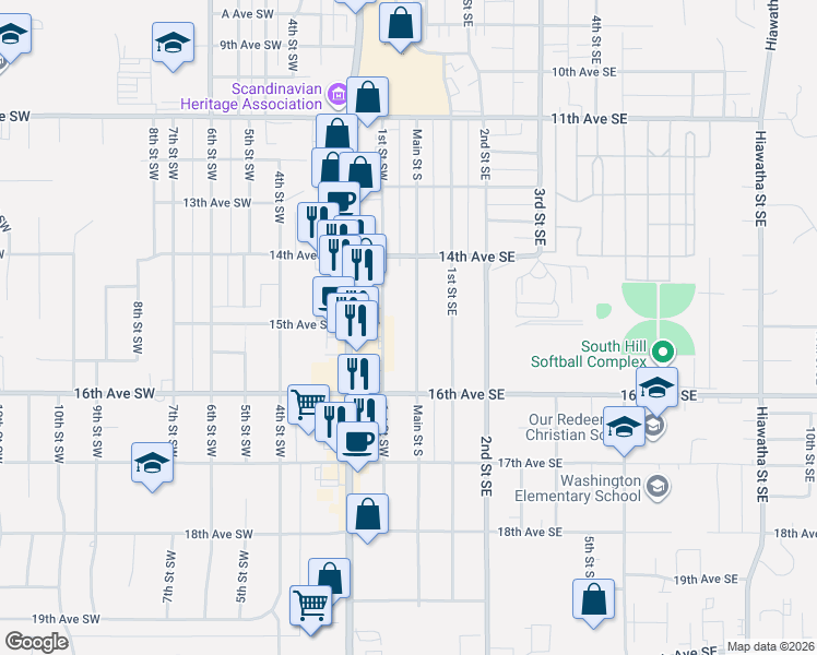 map of restaurants, bars, coffee shops, grocery stores, and more near 1436 Main Street South in Minot