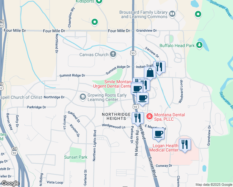 map of restaurants, bars, coffee shops, grocery stores, and more near 524 Parkway Dr in Kalispell