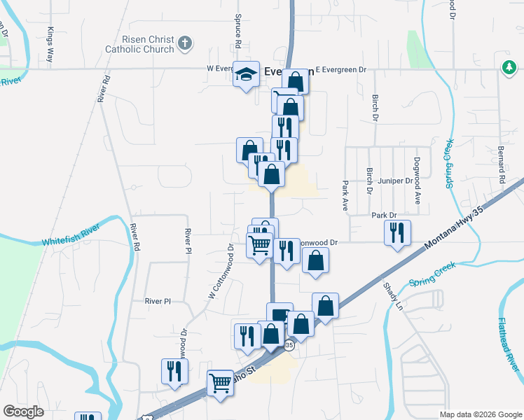 map of restaurants, bars, coffee shops, grocery stores, and more near 2104-2122 U.S. 2 in Evergreen