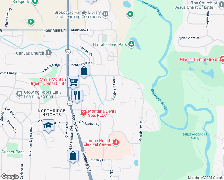 map of restaurants, bars, coffee shops, grocery stores, and more near 24 Windward Loop in Kalispell