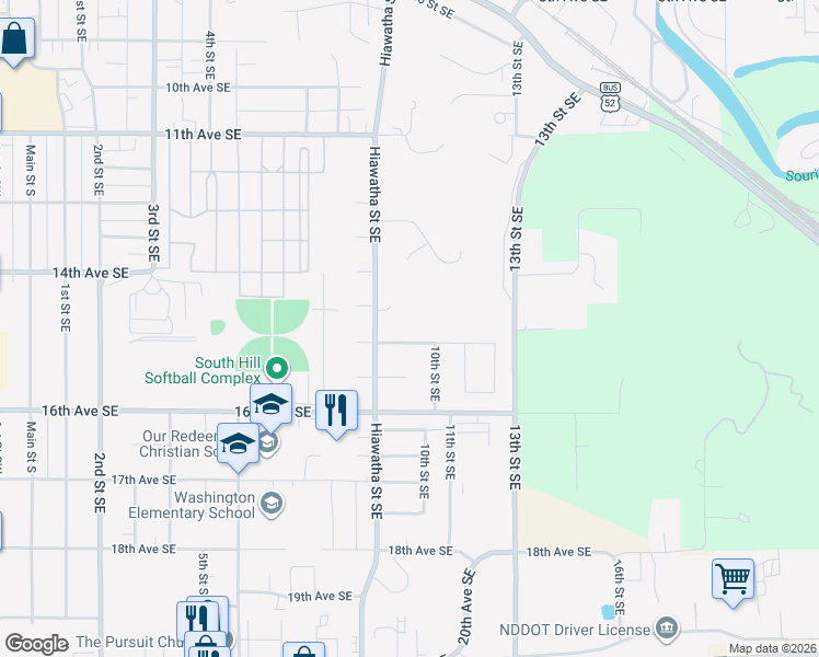 map of restaurants, bars, coffee shops, grocery stores, and more near 913 15th Avenue Southeast in Minot