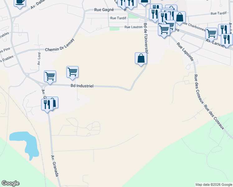 map of restaurants, bars, coffee shops, grocery stores, and more near 290 Boulevard Industriel in Rouyn-Noranda