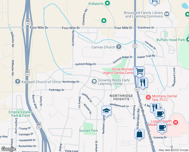 map of restaurants, bars, coffee shops, grocery stores, and more near 345 Hilltop Avenue in Kalispell