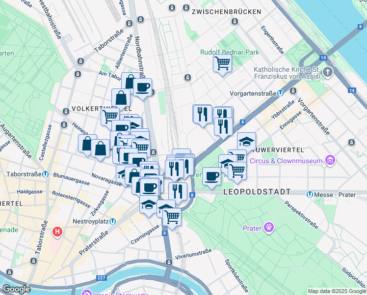 map of restaurants, bars, coffee shops, grocery stores, and more near 1 Straße der Wiener Wirtschaft in Wien