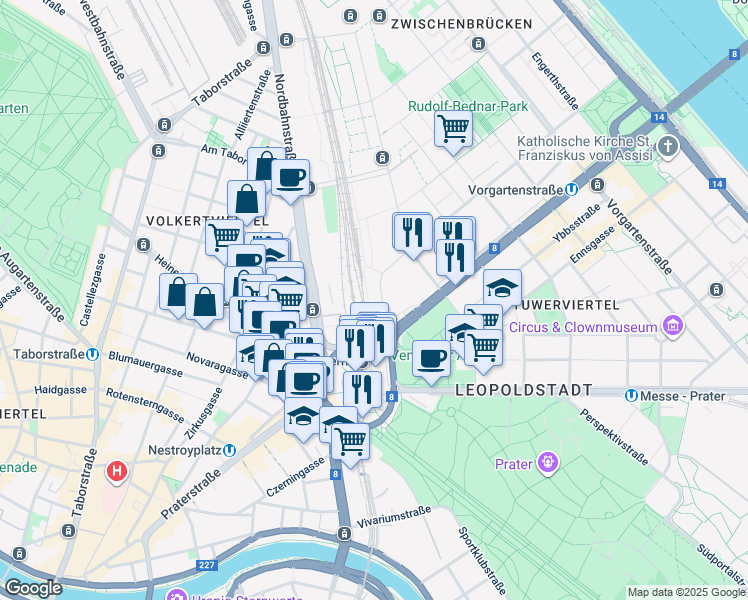 map of restaurants, bars, coffee shops, grocery stores, and more near 1 Straße der Wiener Wirtschaft in Wien