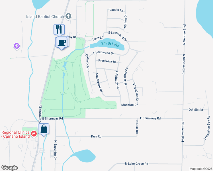 map of restaurants, bars, coffee shops, grocery stores, and more near 267 North Dundee Drive in Camano