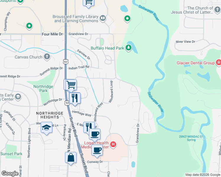 map of restaurants, bars, coffee shops, grocery stores, and more near 28-32 Windward Loop in Kalispell