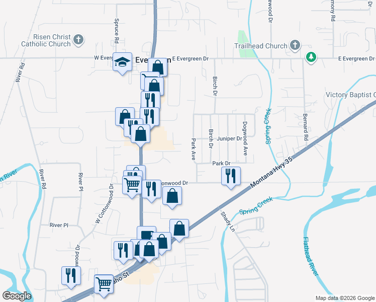 map of restaurants, bars, coffee shops, grocery stores, and more near 120 Park Avenue in Kalispell