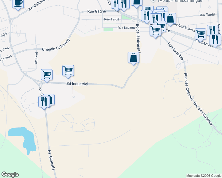 map of restaurants, bars, coffee shops, grocery stores, and more near 290 Boulevard Industriel in Rouyn-Noranda
