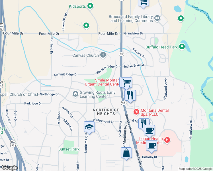 map of restaurants, bars, coffee shops, grocery stores, and more near 524 Parkway Drive in Kalispell