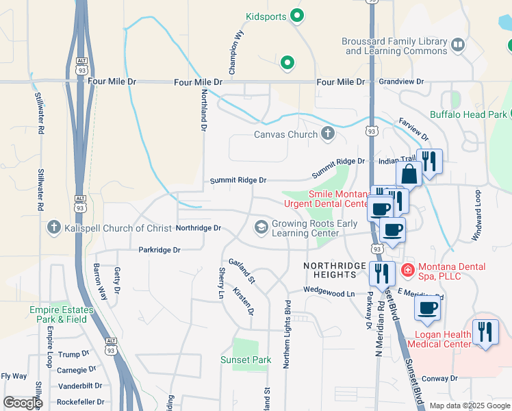 map of restaurants, bars, coffee shops, grocery stores, and more near 345 Hilltop Avenue in Kalispell