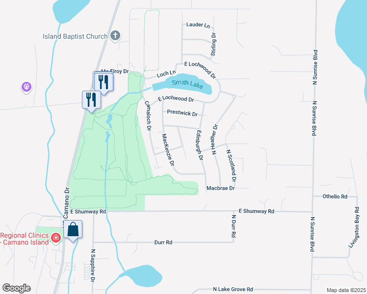 map of restaurants, bars, coffee shops, grocery stores, and more near 267 North Dundee Drive in Camano