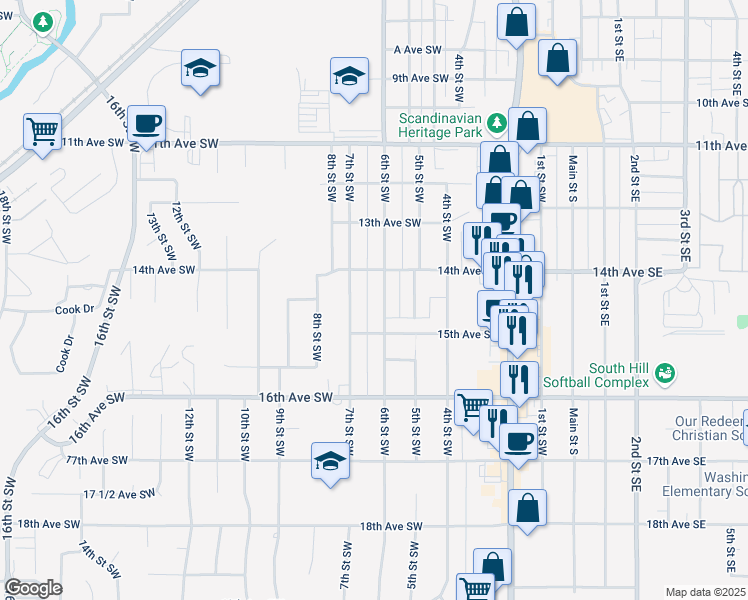map of restaurants, bars, coffee shops, grocery stores, and more near 1437 7th Street Southwest in Minot