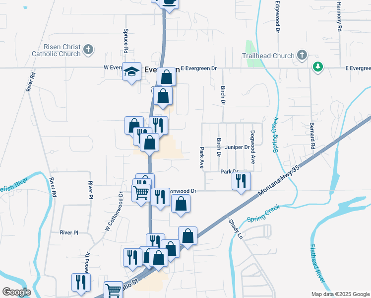 map of restaurants, bars, coffee shops, grocery stores, and more near 2115 Us Highway 2 E in Kalispell