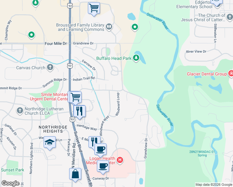 map of restaurants, bars, coffee shops, grocery stores, and more near 325 Commons Way in Kalispell