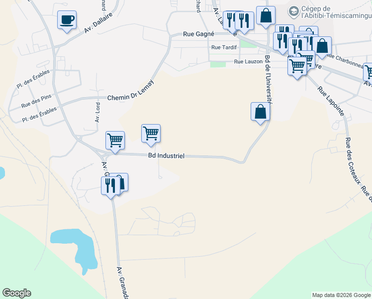 map of restaurants, bars, coffee shops, grocery stores, and more near 225 Boulevard Industriel in Rouyn-Noranda