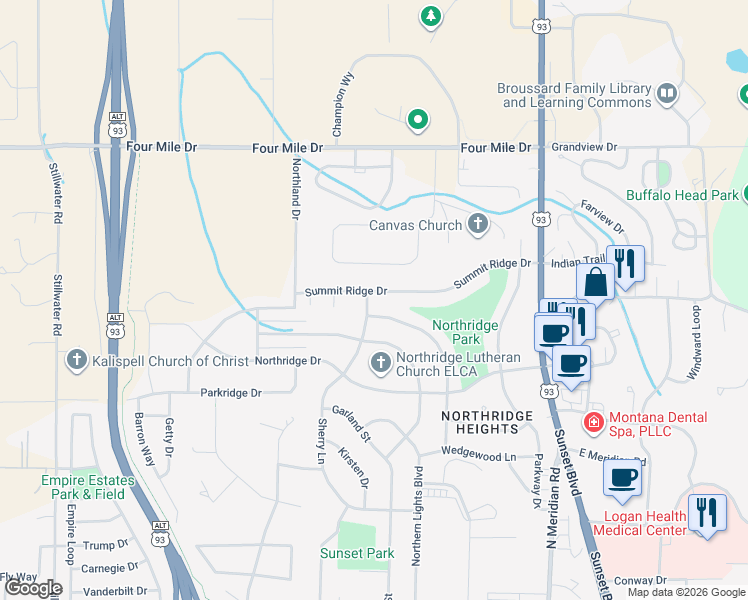 map of restaurants, bars, coffee shops, grocery stores, and more near 385 Summit Ridge Drive in Kalispell