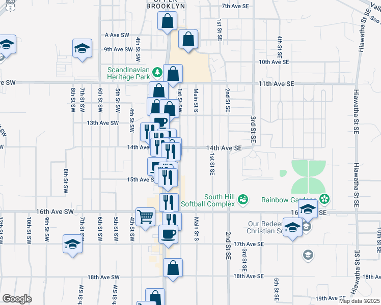 map of restaurants, bars, coffee shops, grocery stores, and more near 1345 Main Street South in Minot