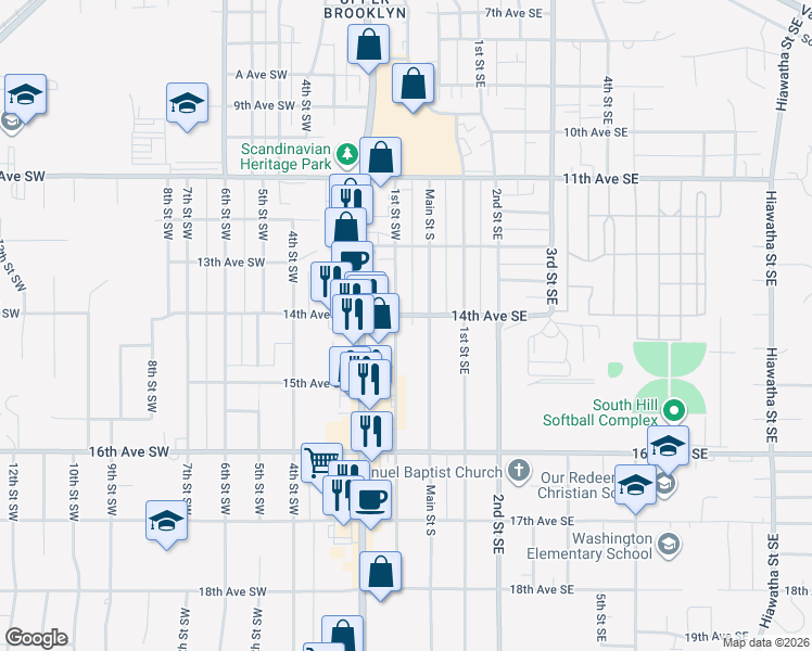 map of restaurants, bars, coffee shops, grocery stores, and more near 101-199 14th Avenue Southwest in Minot