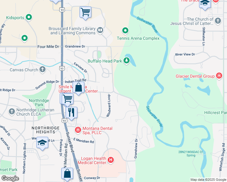 map of restaurants, bars, coffee shops, grocery stores, and more near Grandview Drive in Kalispell
