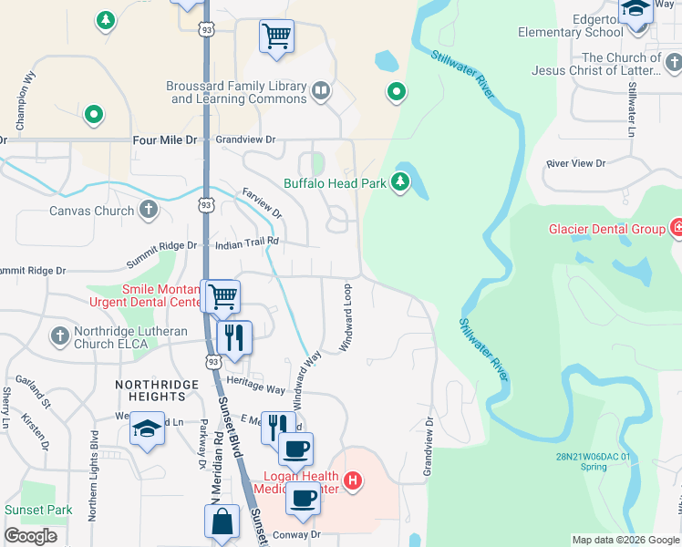 map of restaurants, bars, coffee shops, grocery stores, and more near 325 Commons Way in Kalispell
