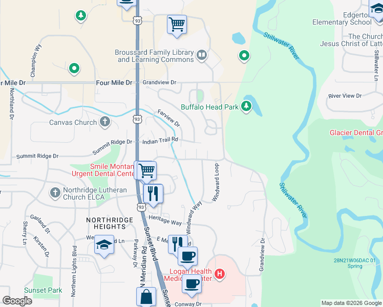 map of restaurants, bars, coffee shops, grocery stores, and more near 293 Commons Way in Kalispell