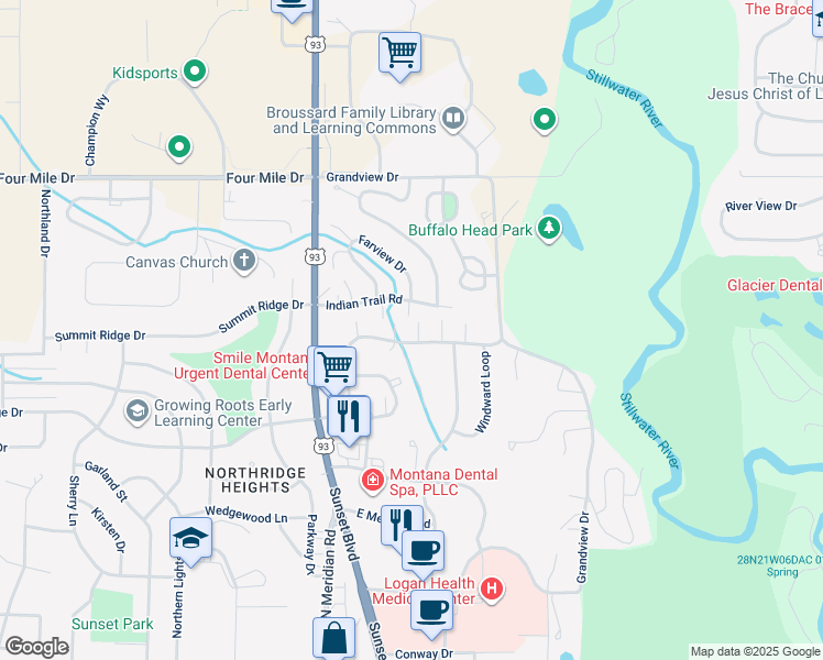 map of restaurants, bars, coffee shops, grocery stores, and more near 239 Commons Way in Kalispell