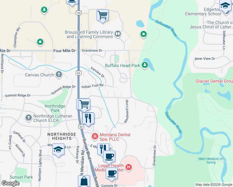 map of restaurants, bars, coffee shops, grocery stores, and more near 293 Commons Way in Kalispell