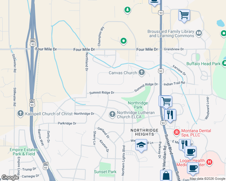 map of restaurants, bars, coffee shops, grocery stores, and more near 385 Summit Ridge Drive in Kalispell