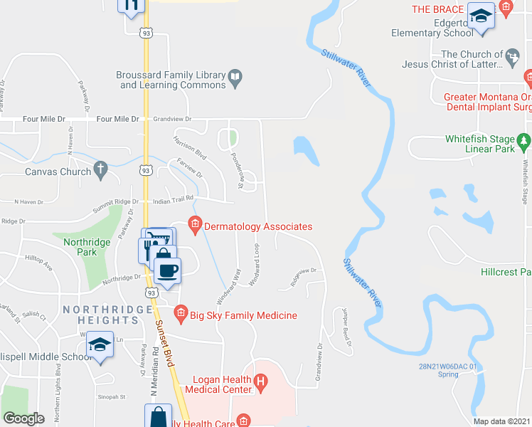 map of restaurants, bars, coffee shops, grocery stores, and more near 445 Grandview Drive in Kalispell