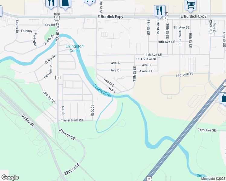 map of restaurants, bars, coffee shops, grocery stores, and more near Avenue A in Minot